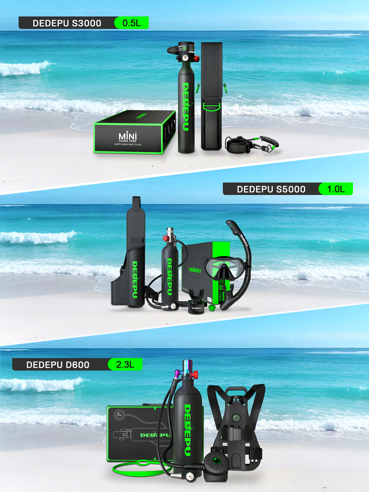 DEDEPU overview of three popular dive gear sets.