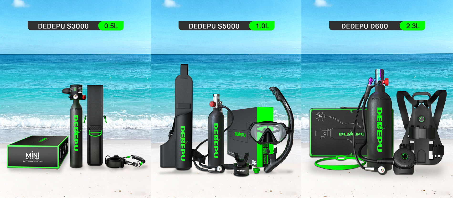 DEDEPU overview of three popular dive gear sets.