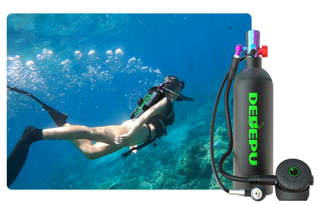 Beautiful diver diving with DEDEPU 2.3L scuba diving equipment.